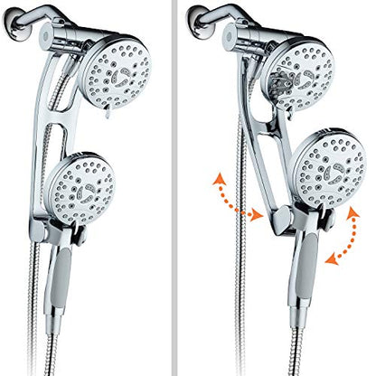 High Pressure 48-mode Luxury 3-way Combo with Adjustable Extension Arm – Dual Rain & Handheld Shower Head – Extra Long 6 Foot Stainless Steel Hose – All Chrome Finish – Top US Brand - color: Chrome