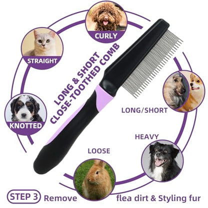 Dog Brush for Shedding, 7 PCS Dog Grooming Brush Kit Including Undercoat Rake, Slicker Brush, Dematting Comb, Nail Clipper, Bath Brush for Long & Short Haired Dogs, Cats - Purple - color: A-Purple