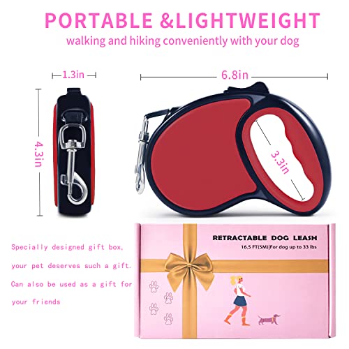 Retractable Dog Leash,[Strong Nylon Tape][One-Handed One Button Lock] for Small Medium Dogs and Cats,16ft Pet Walking Leash with 360°Tangle-Free Design,Anti-Slip Handle,Gift Package (Red) - color: Red