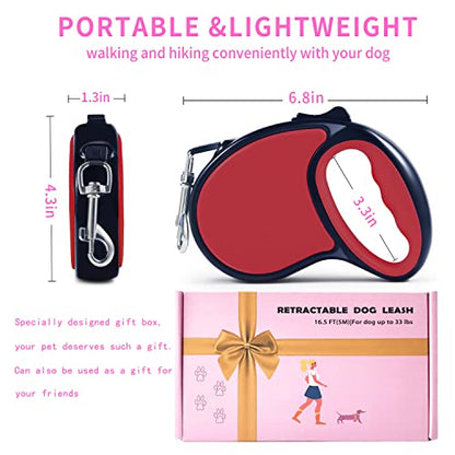 Retractable Dog Leash,[Strong Nylon Tape][One-Handed One Button Lock] for Small Medium Dogs and Cats,16ft Pet Walking Leash with 360°Tangle-Free Design,Anti-Slip Handle,Gift Package (Red) - color: Red
