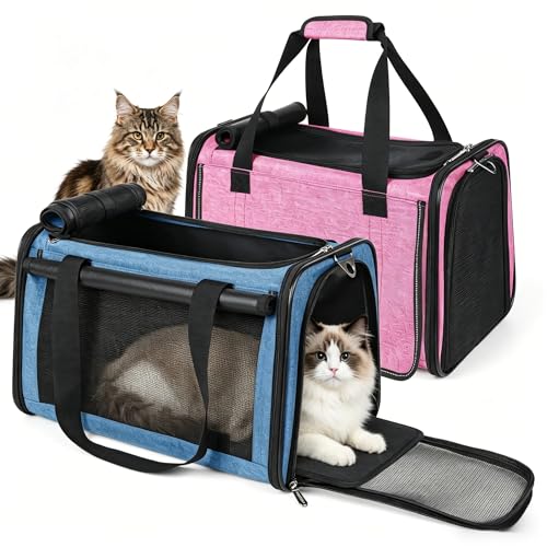 YUDODO 2 Packs 25 lbs Lightproof Soft Sided Pet Carrier for Large Cat & Small Dog Airline Approved Travel Bag Puppy Carriers with Side Pockets & Reflective Mesh, Foldable Portable Pink+Lake Blue - color: Pink*1+Lake Blue*1