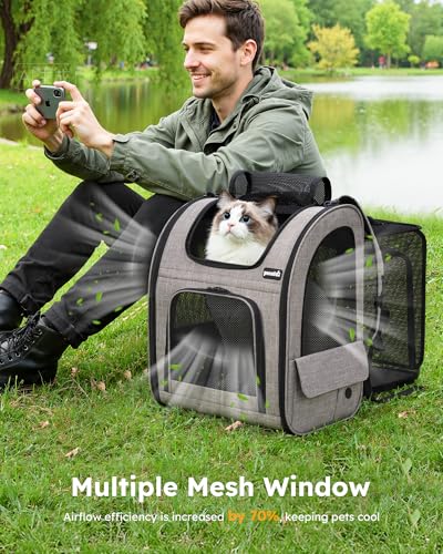 pecute Cat Backpack Expandable, Dog Carrier Backpack Breathable, Large - color: Brown, size: 15.4"L x 11"W x 19"H