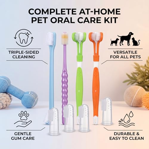 Sorandy 8 Pack Dog Toothbrush Kit, Triple Head and Double Head Dog Toothbrush Set, 360 Finger Brush, Multi Angle Cleaning Brushes for Cat Oral Health (Style 1)