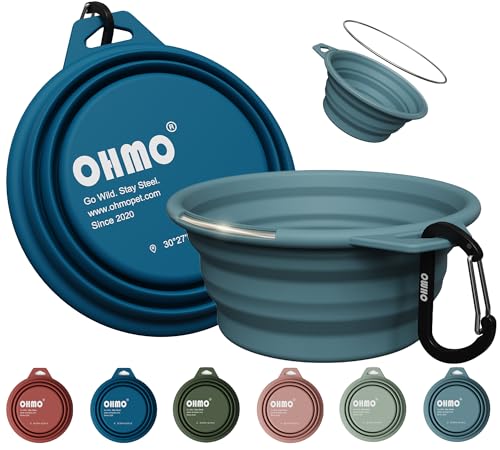 OHMO Collapsible Dog Water Bowls w/Built-in Stainless Steel Ring – 2pcs Small 12oz/400ml Portable Silicone Pet Feeding Bowl for Hiking, Camping, Travel - color: Peacock&Light Blue, size: Steel 2x12oz