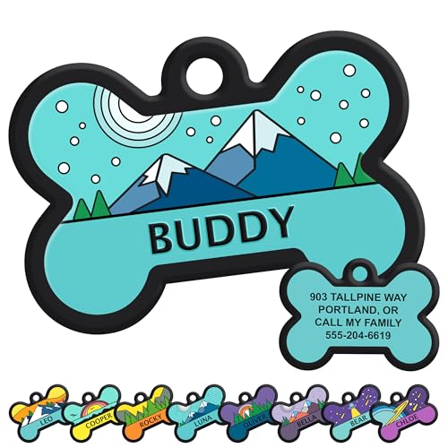 GoTags Silent Dog Tag, Personalized Engraved Bone Silicone Pet ID Tag | Dog and Cat Name, Number Address or Message, 5 Lines Custom Text, Soundless No More Jingling Dog Tags (Mountain Blue) - size: Bone (Pack of 1), style: Mountain Blue