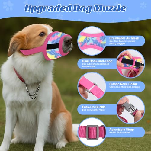Dog Muzzle with Escape-Proof Elastic Neck Collar, Soft Breathable Air Mesh Mouth Cover Stops Biting Barking Chewing Allows Drinking Panting, Adjustable Muzzle for Small Medium Large Dogs - color: Pink/Blue, size: S