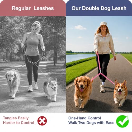 Double Dog Leash for Two Dogs, Complete Set with 31.5" Main Leash + Adjustable Splitter, Padded Handle, D-Ring, 360° Swivel, Shock-Absorbing Bungee, Reflective for Small Medium Large Dogs (Pink) - color: Pink