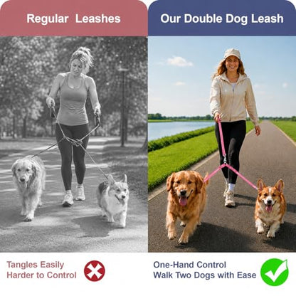 Double Dog Leash for Two Dogs, Complete Set with 31.5" Main Leash + Adjustable Splitter, Padded Handle, D-Ring, 360° Swivel, Shock-Absorbing Bungee, Reflective for Small Medium Large Dogs (Pink) - color: Pink