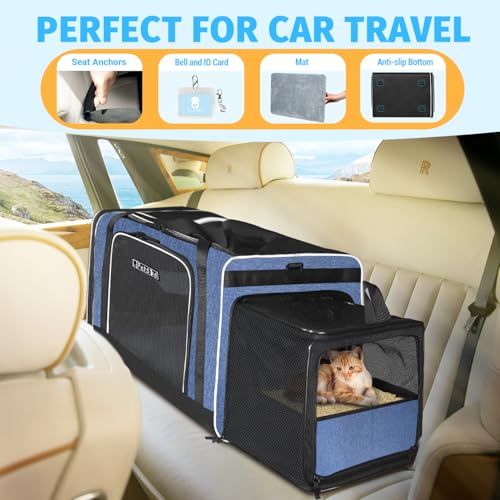Petskd Side Expandable Extra Large Cat Carrier with Litter Box Area, 24"x17"x17" Soft-Sided Pet Carrier for 2 Cats Under 55 lbs with Zipper Locks for Car Travel(Blue) - color: Blue