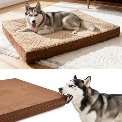 Sytopia 37" Indestructible Dog Bed for Extra Large Dogs – Chew-Proof Pet Mat with Double-Sided Plush & Waterproof Liner, Tough Crate Mat with Egg-Crate Foam Support, Indoor & Outdoor Use, Brown - color: Brown, size: Large