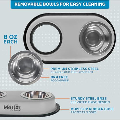 Master Pet Supply Double Dog Bowls Set with Elevated Base and 2 (8 oz) Stainless Steel Removable Dishes (Light Gray) – Double Cat Food Water Bowl, Dog Puppy Food Bowl Set, Rust Resistant - color: Light Gray