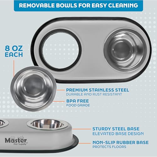 Master Pet Supply Double Dog Bowls Set with Elevated Base and 2 (8 oz) Stainless Steel Removable Dishes (Light Gray) – Double Cat Food Water Bowl, Dog Puppy Food Bowl Set, Rust Resistant - color: Light Gray