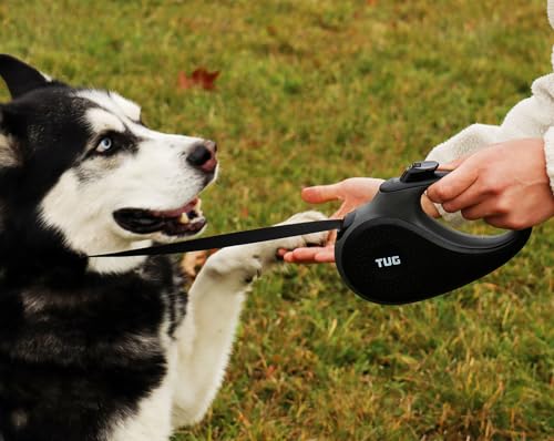 TUG 360° Tangle-Free Retractable Dog Leash with Anti-Slip Handle | 16 ft Strong Nylon Tape | One-Handed Brake, Pause, Lock (Medium, Black/Grey) - color: Black/Grey, size: Medium