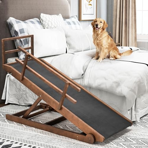 SLSY Dog Ramp for High Beds & Couches, 63" Folding Adjustable Pet Ramp with Non-Slip Rubber Mat, 5 Height Levels (15.7"–31.4"), Portable Dog Stairs for Large Dogs up to 250 lbs, Brown - color: Walnut, size: XL for 31.4''H Bed