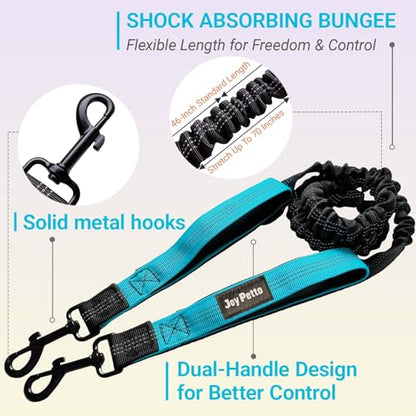 Hands-Free Bungee Dog Leash for Running Walking Small Medium Dogs | 4-6ft length, 28-47in adjustable waist belt, 2 reinforced handles, shock absorbing, reflective anti-pull, blue handles - color: Blue