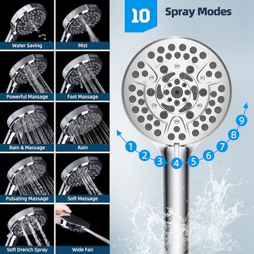 Hibbent All Metal CUPC Certified Shower Head, 10'' High Pressure Rainfall Shower Head, Handheld Showerhead Combo with 12'' Adjustable Extension Arm, 10-Spray, 71'' Shower Hose, Shower Holder, Chrome - color: Chrome, style: Round 10''