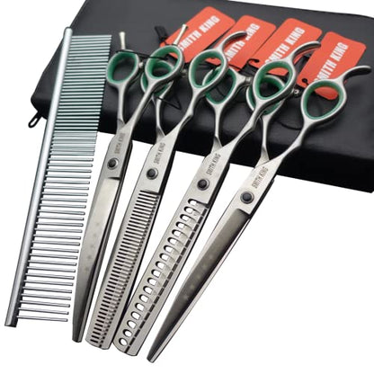 Professional Dog Grooming Shears Set Dogs Straight & thinning & Curved scissors & chunkers Scissorswith comb in 1 Set for Right-handed & Left-handed (7 In. Silvery Left-handed) - color: 7 In. Silvery Left-handed