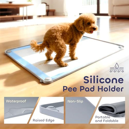 Pawtasy Silicone Pee Pad Holder for Dogs Fits Up to 36" x 25" Training Pads Leak-Proof Non-Slip Puppy Pee Pad Holder with Fixed Buttons Portable Easy to Clean
