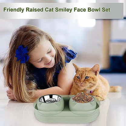 Elevated Raise Tilted Cat Food Bowls,with Stand Stainless Steel, Anti Vomiting, Double Cat Food and Water Bowl Set (Green) - color: Green