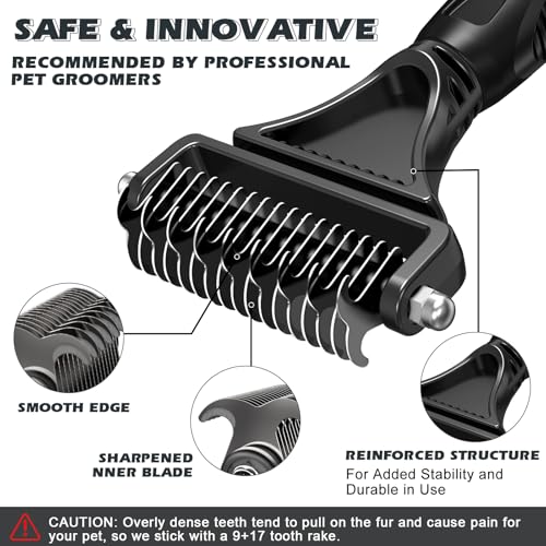 3PCS Pet Grooming Rake & Metal Comb & Flea Comb for Cats and Dogs, Double-Sided Dematting Tool, Extra-Wide Deshedding Dog Brush for Long Hair to Effectively Remove Tangles, Knots and Mats (Black) - color: B-Black
