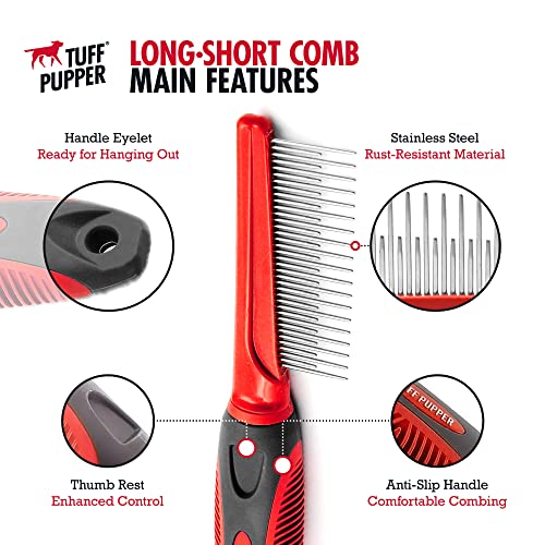 Tuff Pupper Dual Length Detangling Dog Comb | Short and Long Teeth Outer & Inner Coat | Ergonomic Pet Detangling Combs | No-Slip Safety Handle For Precision Control | Rounded Tips Prevent Scratching