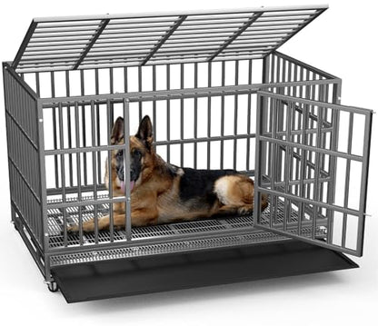 LEMBERI 48 Inch Heavy Duty Indestructible Dog Crate, 500lbs Capacity Escape Proof Double Door Kennel with Lockable Wheels, 36" Tall XL Dog Cage with 0.8" Steel Tubes, Removable Tray, Silver - color: Silver, size: 47.2"L x 30.7"W x 36"H