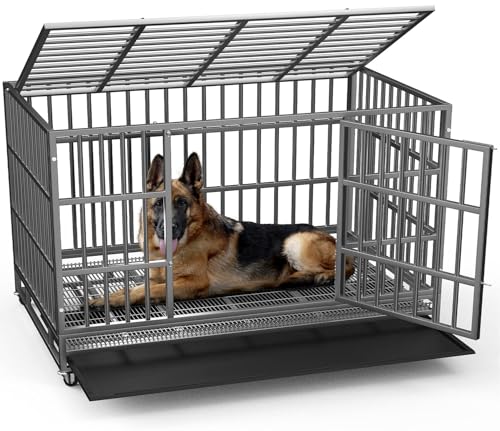 LEMBERI 48 Inch Heavy Duty Indestructible Dog Crate, 500lbs Capacity Escape Proof Double Door Kennel with Lockable Wheels, 36" Tall XL Dog Cage with 0.8" Steel Tubes, Removable Tray, Silver - color: Silver, size: 47.2"L x 30.7"W x 36"H