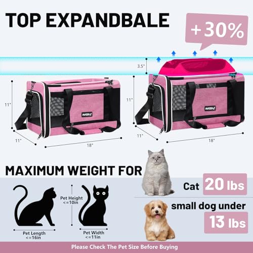 Top-Expandable Cat Carrier 18x11x11, United Delta American Airline Approved Dog Travel Carrier, Soft-Sided Pet Carry Bag Under-Seat in Cabin, Puppy Airplane Crate TSA Plane Kitten Cage Pink - color: Pink