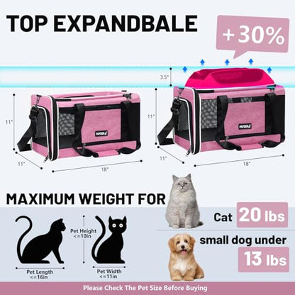 Top-Expandable Cat Carrier 18x11x11, United Delta American Airline Approved Dog Travel Carrier, Soft-Sided Pet Carry Bag Under-Seat in Cabin, Puppy Airplane Crate TSA Plane Kitten Cage Pink - color: Pink