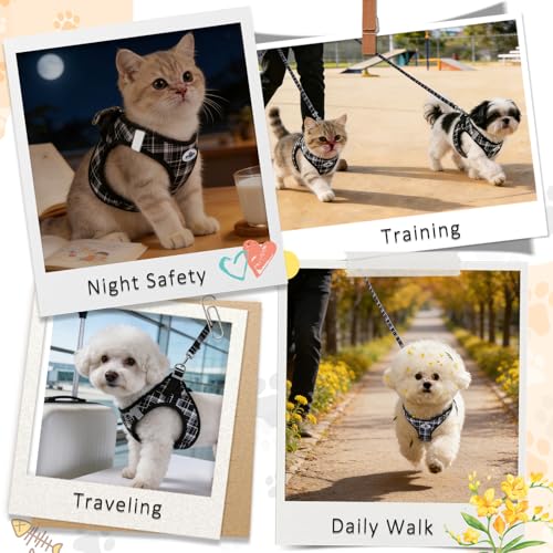 Gyuzh Small Cat Harness and Leash Set for Kitten & Puppy - 3-in-1 No Pull Step in Vest Collar, Lightweight Tactical Reflective Plaid, Padded Handle (Black, XS) - color: Black, size: XS