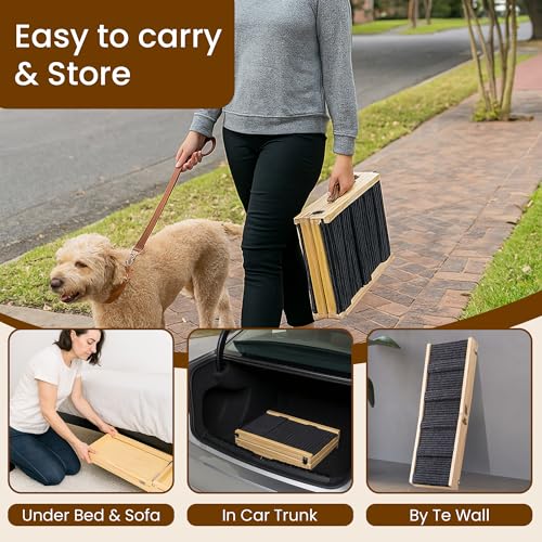 Upgraded 2026 MYUNIK Adjustable Small Dog Ramp 37.8" Foldable Solid Wood Pet Small Ramp with 5 Heights 13.6–21.5", Non-Slip Carpet Handle Ramp for Bed Couch Sofa & Car