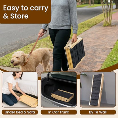 Upgraded 2026 MYUNIK Adjustable Small Dog Ramp 37.8" Foldable Solid Wood Pet Small Ramp with 5 Heights 13.6–21.5", Non-Slip Carpet Handle Ramp for Bed Couch Sofa & Car