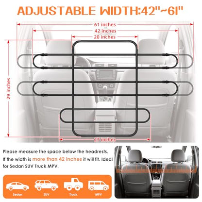 Dog Car Barrier, Adjustable Universal Vehicle Pet Barrier for Cars, Trucks, SUVs - Moves with Your Vehicle Seats, 42"–61" Width Adjustable SUV Dog Barrier for Back Seat