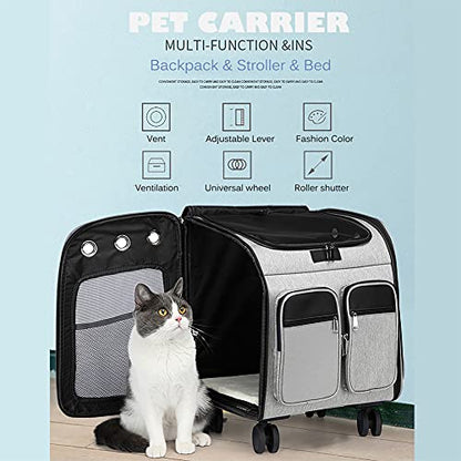 Wheeled Pet Carrier Backpack Pet Stroller, Travel Carrier, Car Seat for Small Dogs Cats Puppies, Comfort Cat Backpack Removable Rolling Wheels – Mesh Ventilation Windows (Large Grey) - color: Large Grey