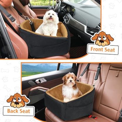 NEEZUKAR Dog Car Seat for Small Medium Dogs,Detachable Washable Dog Booster Seat Under 30lbs, Pet Car Seat Travel Bed with Storage Pockets and Dog Safety Belt(Black/Brown) - color: Black/brown