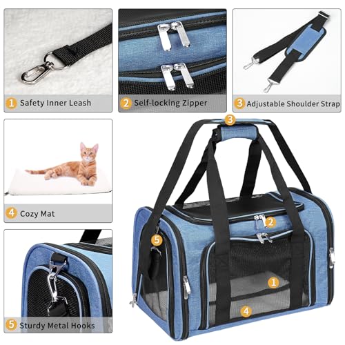 Soft-Sided Cat/Dog/Pet Carrier, Collapsible Pets Travel Carriers for Big Cats/Small Dogs with Shoulder Strap & Removable Mat, Mesh Puppy Carry Bag, Up to 16 Lbs, TSA Airline Approved(Blue) - color: BLUE, size: 17"L x 11"W x 11"H