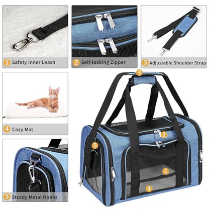 Soft-Sided Cat/Dog/Pet Carrier, Collapsible Pets Travel Carriers for Big Cats/Small Dogs with Shoulder Strap & Removable Mat, Mesh Puppy Carry Bag, Up to 25 Lbs (Blue) - color: BLUE, size: 20"L x 13"W x 13"H
