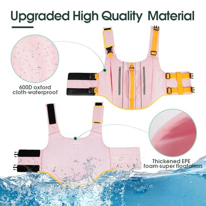 Kuoser Dog Life Jacket, Adjustable Swim Vest with Rescue Handle | High Flotation, Rescue Handle, Adjustable, Reflective,2 Storage Pockets, Pool Lake Boat Beach, Small Medium Large, Easy Wear - color: Pink, size: L (Chest Girth:22.8-29.5'')