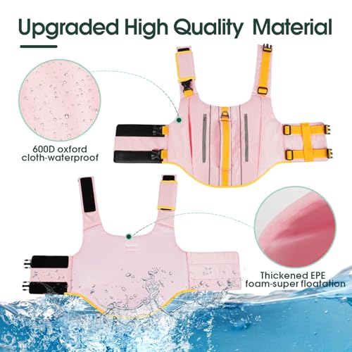Kuoser Dog Life Jacket, Reflective Swim Vest Adjustable with Rescue Handle | High Flotation, Rescue Handle, Adjustable, Reflective,2 Storage Pockets, Pool Lake Boat Beach, Small Medium Large dogs - color: Pink, size: M (Chest Girth:20.5-25.2'')