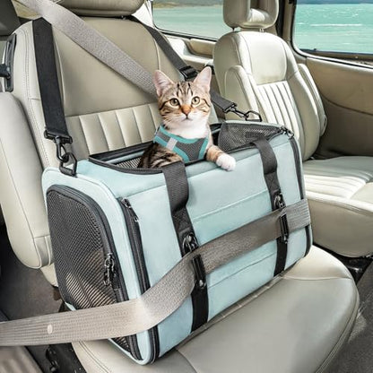 PETSFIT Soft-Sided Cat Carrier with Patented Safety Buckles, Lockable Zippers & Safety Tether,Escape-Resistant Travel Pet Carrier for Car Rides & Vet Visits, Airline Approved Under-Seat, Up to 12 lbs - color: Cyan blue, size: 18.0"L x 11.0"W x 11.0"H