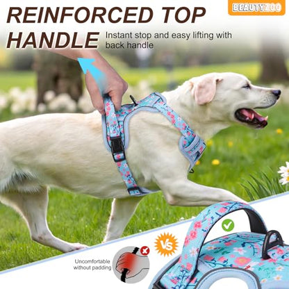 BEAUTYZOO No Pull Dog Harness Large,Adjustable Dog Harness and Leash Set -Easy Wearing with 3 Buckles/Control Handle,No Choke Soft Padded Reflective Pet Vest for Training Walking Hiking,Blue XL - color: Blue Flower, size: XL: chest 22"-44"