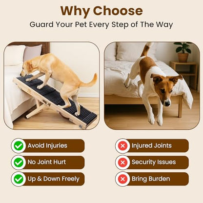 Upgraded 2026 MYUNIK Adjustable Small Dog Ramp 37.8" Foldable Solid Wood Pet Small Ramp with 5 Heights 13.6–21.5", Non-Slip Carpet Handle Ramp for Bed Couch Sofa & Car