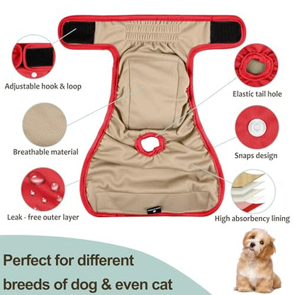 Female Dog Diapers - Reusable Diapers for Doggie in Heat - Highly Absorbent for Pet Incontinence with Adjustable Snaps (Pack of 3) Red, S