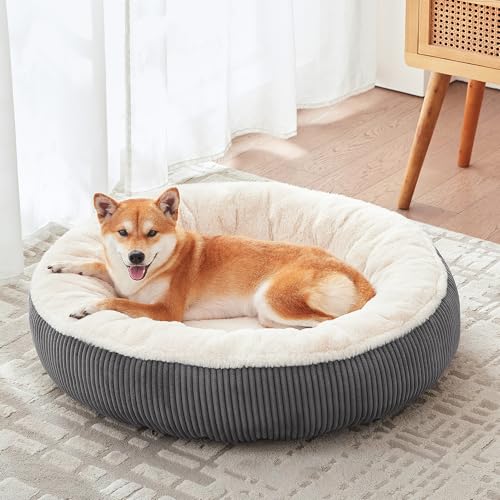 33 inches Donut Dog Bed for Medium Large Dogs,Calming Round Pet Bed with Removable & Washable Cover,Plush Faux Fur & Corduroy, Fits up to 50 lbs Pets(Dark Grey,M Plus) - color: Dark Grey, size: 33.0"L x 33.0"W x 8.0"Th