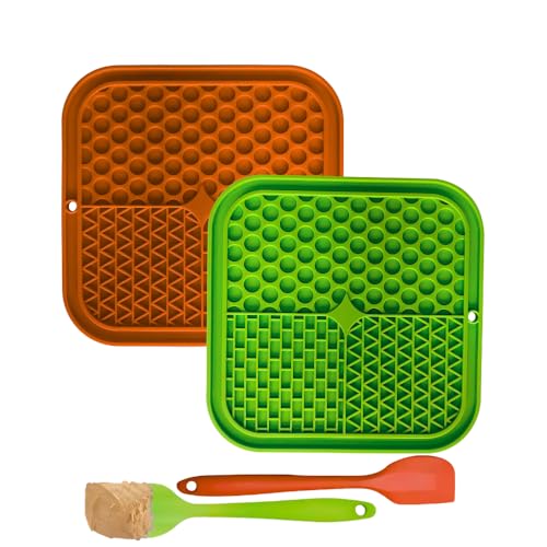 Dog Lick Mat 2-Pack (Orange & Green) with Spatulas – Silicone Licking Pads for Dogs & Cats, Peanut Butter Slow Feeder, Strong Suction, Anxiety Relief for Bath & Grooming, Dishwasher-Safe