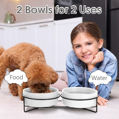 Ceramic Dog and Cat Bowl Set with Stand, 1.7 Cups Dog Food and Water Bowl Suitable for Small and Medium Pets (13.5oz White) - color: White, size: 13.5oz