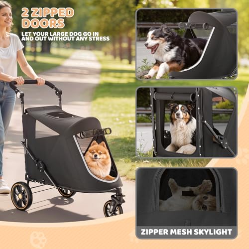 Magshion Pet Stroller for Medium Dogs w/Adjustable Handle, 3-Wheel Dog Cat Wagon w/Dual Entry, Rear Storage, Breathable Mesh, One-Foot Brake, Ideal for Large Pets up to 55 lbs, Black - color: Black, style: Up to 55 lbs