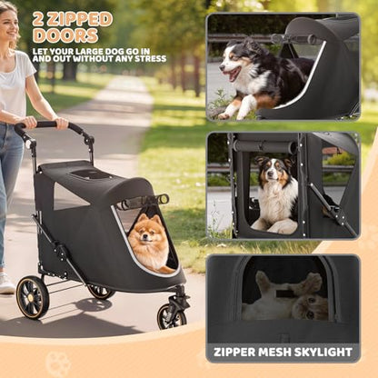 Magshion Pet Stroller for Medium Dogs w/Adjustable Handle, 3-Wheel Dog Cat Wagon w/Dual Entry, Rear Storage, Breathable Mesh, One-Foot Brake, Ideal for Large Pets up to 55 lbs, Black - color: Black, style: Up to 55 lbs
