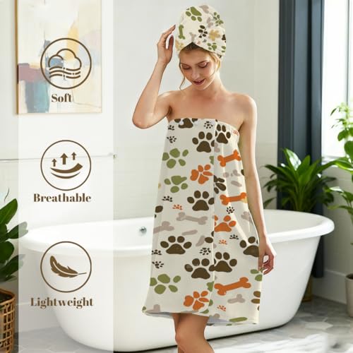 Dog Paw Prints Bones Microfiber Bathrobe and Hair Towel Wrap Set for Women Quick Dry Shower Towels Wrap Absorbent Soft Bath Robe and Hair Drying Cap for Spa After Shower