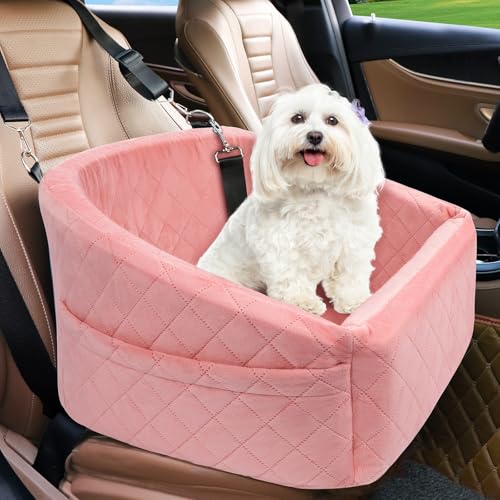 NEEZUKAR Dog Car Seat for Small Medium Dogs,Detachable Washable Dog Booster Seat Under 30lbs, Pet Car Seats Travel Bed with Storage Pockets and Safety Belt(Pink) - color: Pink
